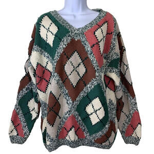 Paris Sports Club Sweater Woman's L Chunky Hand Knit Colorful Ramie VTG LS EUC